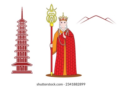 Chinese Buddhist monk or monk in Buddhist scriptures or novel - Journey to the West name Tang Sanzang dress uniform with crown or hat and large cane or stave background with pagoda drawing in colorful