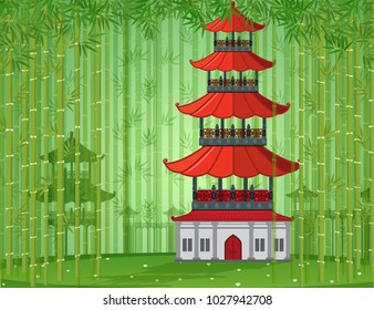 Chinese building in bamboo forest illustration