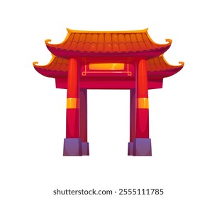 Chinese building, china town gate or archway with traditional red pillars and roof, representing ancient cultural heritage of East. Vector Asian architecture entryway, oriental torii temple entrance