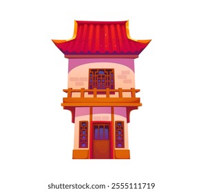 Chinese building, china town house. Isolated cartoon vector traditional facade with red roof tiles, intricate window patterns and wooden balcony. Cultural, architectural, historical exterior structure