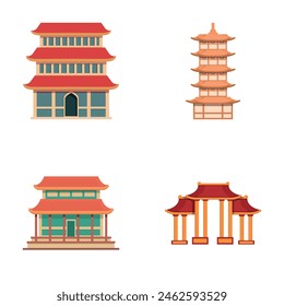 Chinese building icons set cartoon vector. Asian traditional pagoda. Oriental ancient architecture