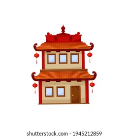 Chinese building with lanterns on roof, facade exterior design isolated icon. Vector China house paper home in oriental style, flat cartoon. Traditional Chinatown ancient asian architecture structure