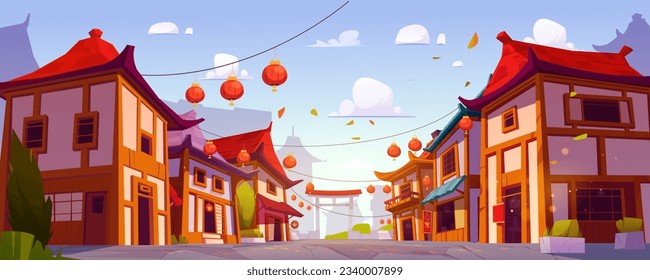 Chinesisches Gebäude auf städtischem Cartoon, Vektorhintergrund. Chinesisches Stadthaus mit roter Laterne für Neujahrsfestival Stadtlandung. Panorama über die traditionelle asiatische Architektur