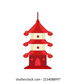 Chinese building temple element architecture. Traditional china town pagoda decorated with red paper festive lanterns. Ancient asian architectural facades exterior design. Vector illustration