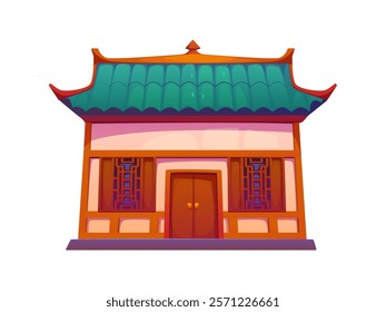 Chinese building, traditional asian china town house with a green tiled roof, ornate wooden windows, and warm colors. Cartoon vector architecture exudes cultural authenticity, heritage, and culture