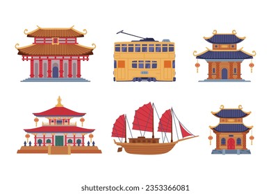 Chinese Building and Transport with Pagoda, Boat and Tram Vector Illustration Set