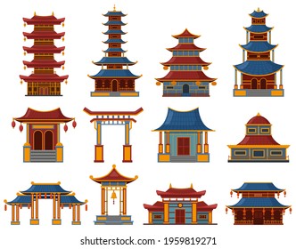 Chinese buildings. Architectural asian temples, palaces and pagoda houses, china cultural objects vector illustration set. Oriental traditional buildings. Ancient temple, culture japanese architecture