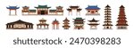 Chinese buildings set. Traditional Asian architecture. Pagoda, ancient temple, palace, house in oriental style. Historical structures in China. Flat vector illustration isolated on white background