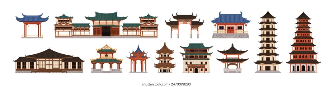 Conjunto de edificios chinos. Arquitectura asiática tradicional. Pagoda, templo antiguo, palacio, casa de estilo oriental. Estructuras históricas en China. Ilustración vectorial plana aislada sobre fondo blanco