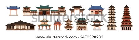 Chinese buildings set. Traditional Asian architecture. Pagoda, ancient temple, palace, house in oriental style. Historical structures in China. Flat vector illustration isolated on white background