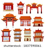 Chinese buildings, temples architecture. Traditional china town with pagoda and gate decorated with red paper festive lanterns. Ancient asian architectural structure, buildings facades exterior design