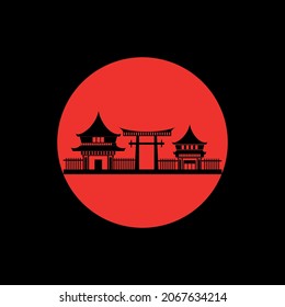 Chinese buildings and temples in traditional style on red and black background