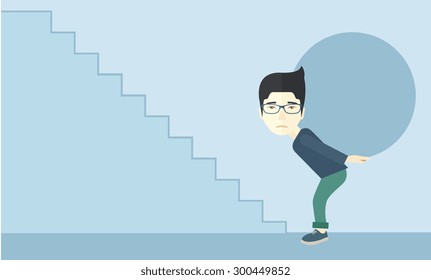 A chinese buisnessman sacrifice in carrying a big ball going up to reach the goal. A Contemporary style with pastel palette, soft blue tinted background. Vector flat design illustration. Horizontal