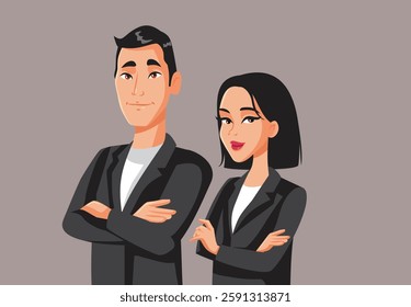 
Chinese Business people Standing with Crossed Arms Vector Cartoon. Smiling power couple feeling empower and influential 
