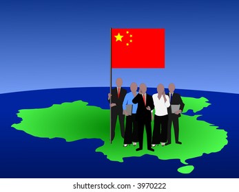 Chinese business team standing on map with flag