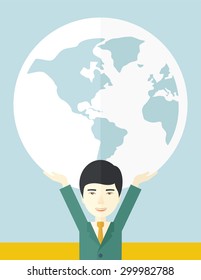 A chinese businessman carrying big globe it is a symbol that he is number one in the world in business society. A Contemporary style with pastel palette, soft blue tinted background. Vector flat