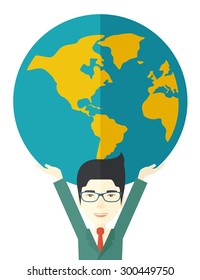 Um homem de negócios chinês carregando grande globo é um símbolo de que ele é o número um no mundo na sociedade de negócios. Um estilo contemporâneo. Ilustração de design plano de vetor fundo branco isolado