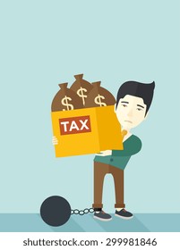 A chinese businessman locked in a debt ball in chain for committing crime in tax evasion. Debt concept. A Contemporary style with pastel palette, soft blue tinted background. Vector flat design