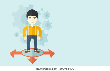 A chinese businessman standing on three ways arrows for selection. Business concept. A contemporary style with pastel palette soft blue tinted background. Vector flat design illustration. Horizontal