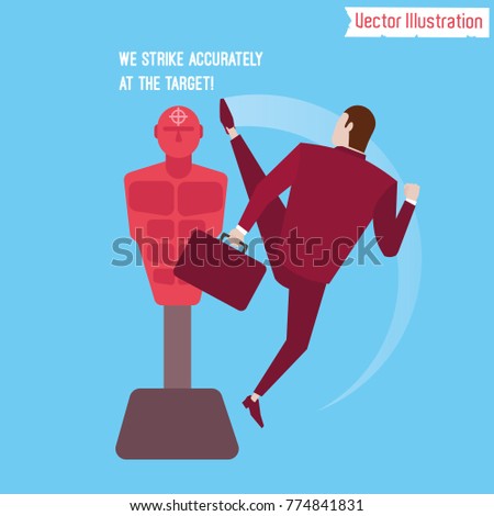 Chinese businessman strikes with foot on face dummy. Martial arts. Striving for victory and business success. Japanese millionaire athlete. Businessman knocked out red mannequin. Vector illustration Stock photo © 