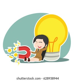 chinese businesswoman relaxing beside big bulb and pulling coin by magnet