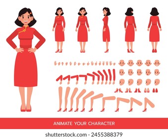 La mujer de negocios china lleva el diseño rojo de la Ilustración vectorial del carácter del vestido. Create tu propia pose.