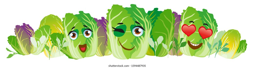 Chinese cabbage border. Cute cartoon emoji vegetables