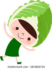 Chinese cabbage character. Illustration of a child wearing a vegetable Chinese cabbage headgear and dancing happily.