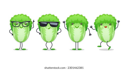 Chinese Cabbage Character with Various Face Expressions. Vector illustration set of funny and cute cartoon vegetables isolated on white background. Mascot collection.