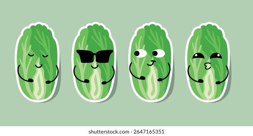 Chinese cabbage characters with expressive faces and green leafy textures in flat cartoon style sticker set isolated on white background