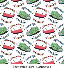 Basura china y pimienta caliente. Patrón sin brillo en un fondo blanco. Ilustración vectorial de corte.
