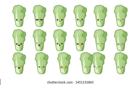 Chinese cabbage, pe-tsai cute kawaii mascot. Set kawaii food faces expressions smile emoticons. 