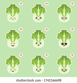 Chinese cabbage, pe-tsai cute kawaii mascot. Set kawaii food faces expressions smile emoticons.  Organic ingredient for vegetarian salad. Flat vector for promo poster of grocery store