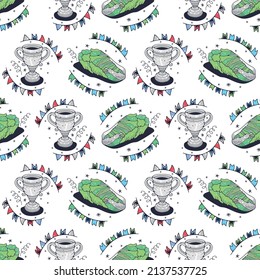 Chinese cabbage and Trophy cup. Seamless pattern on a white background. Cute vector illustration.