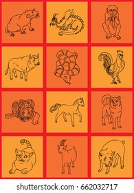 Chinese calendar animals  Bull, cock, dog, dragon, pig,  rat, cat, goat, snake, tiger, horse, monkey. For your convenience, each significant element is in a separate layer. eps10