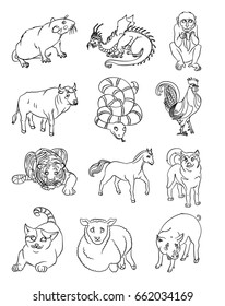 Chinese calendar animals  Bull, cock, dog, dragon, pig,  rat, cat, sheep, snake, tiger, horse, monkey. For your convenience, each significant element is in a separate layer. eps10