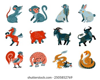 Chinese calendar horoscope zodiac animals. Cute funny mascots of New Year set isolated on white. Asian lunar astrology symbols collection. For greeting card, logo, banner. Vector illustration.