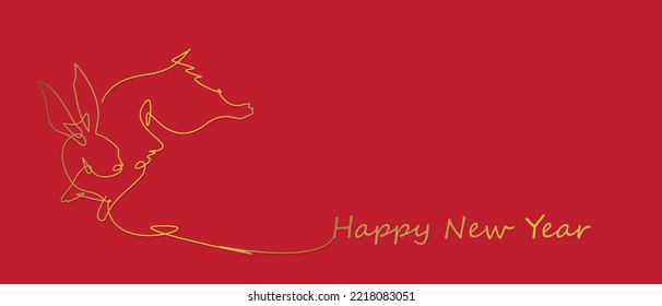 Chinese calendar illustration of the year of rabbit 2023, the year of the rabbit, red and gold line art characters.