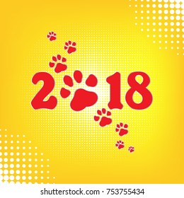 Chinese calendar for the new year of Dog 2018. Paw Print. Vector illustration. Eps 10. Original design.  halftone background. Retro pop art style. 