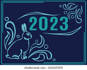 Chinese calendar new year symbol, blue water rabbit festive rectangular banner for design vector illustration