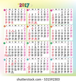 Chinese calendar Planner Template for 2017 Year.Set of 12 Months. Week Starts Sunday.Everyday whith the lunar calendar.Year of rooster 2017.