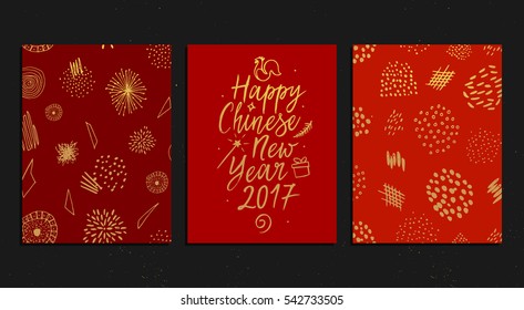 Chinese calendar symbol of 2017 year. Chinese cards collection with icon of the bird over red background. Happy new year card. Golden seamless patterns with typography. Vector illustration.