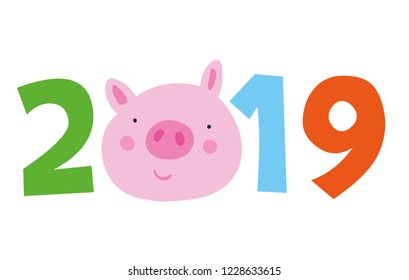 Chinese calendar symbol of 2019 year yellow pig. Emblem of coming new year. cartoon smyle pink pig. Vector isolated illustration for chinese new year Use for calendar stretch marks poster banner