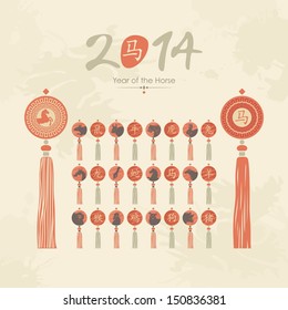 Chinese calendar tassels set with zodiac signs and pictogram