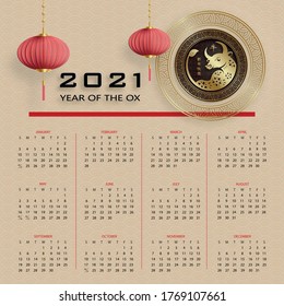 Chinese calendar year 2021 Ox Zodiac sign, with gold paper cut art and craft style on color background for greeting card, flyers, poster (Chinese Translation : happy new year 2021, year of ox)