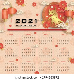 Signo de Ox Zodiac del año 2021 del calendario chino, con arte de corte de papel dorado y estilo artesanal sobre fondo de color para tarjeta de saludo, volantes, afiche (Traducción china: feliz año nuevo 2021, año del buey)