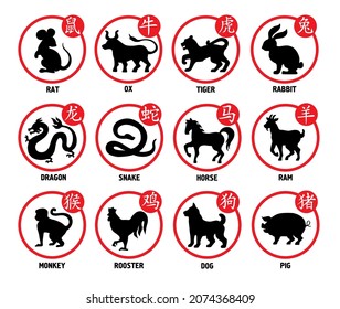 Chinese calendar year animal silhouettes.Twelve asian new year characters and Chinese hieroglyphs set. Translation of each hieroglyph under the corresponding picture. Сhinese horoscope symbols.