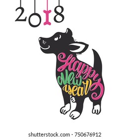 Chinese calendar for year of dog 2018. Silhouette of black dog, decorated with colorful lettering on white background. Happy New Year's design. Hand drawn vector illustration