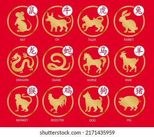 Chinese calendar year Gold animal silhouettes.Twelve asian new year characters and Chinese hieroglyphs set. Translation of each hieroglyph under the corresponding picture. Сhinese horoscope symbols.