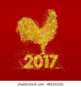 Chinese calendar for the year of golden rooster 2017. Rooster golden silhouette on red background with numbers 2017.